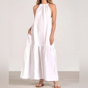 ELAN Linen Blend Tiered Halter Maxi Dress High Neck Relaxed Fit White M NWT